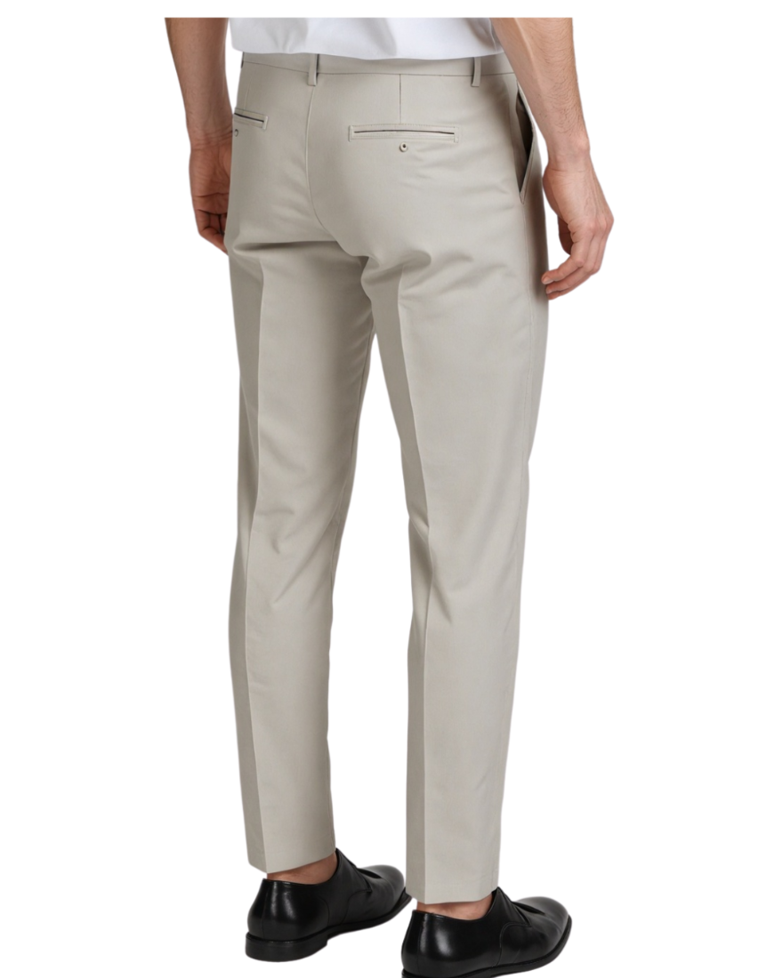 Picture of a model wearing our Beige Leather Pants, Back view close up.