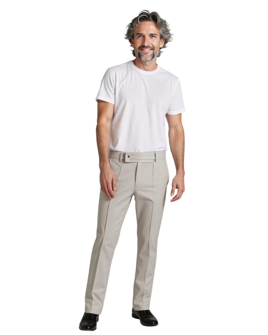 Picture of a model wearing our Beige Leather Pants, Front view.
