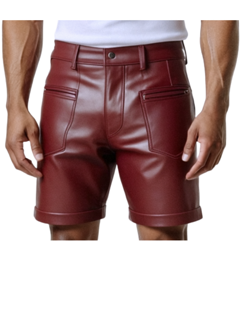 Man wearing our burgundy leather shorts front view.