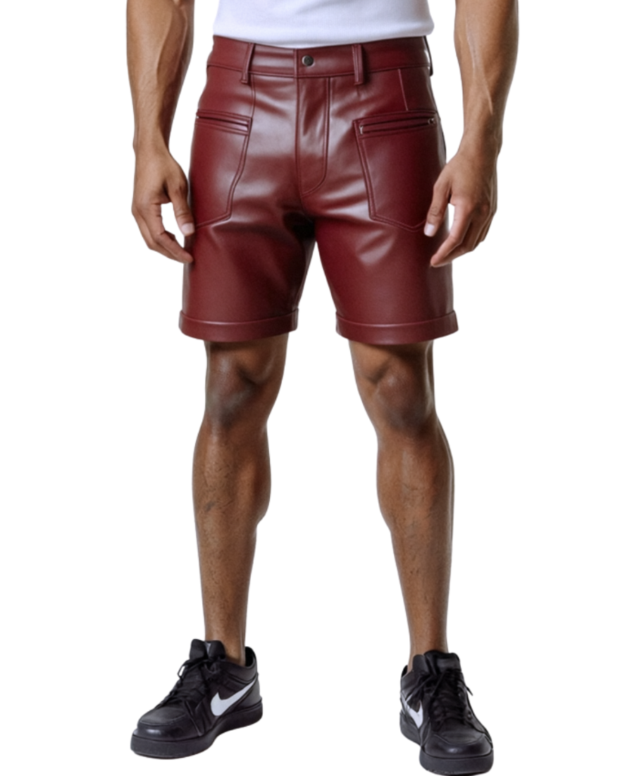 Man wearing our burgundy leather shorts front view.
