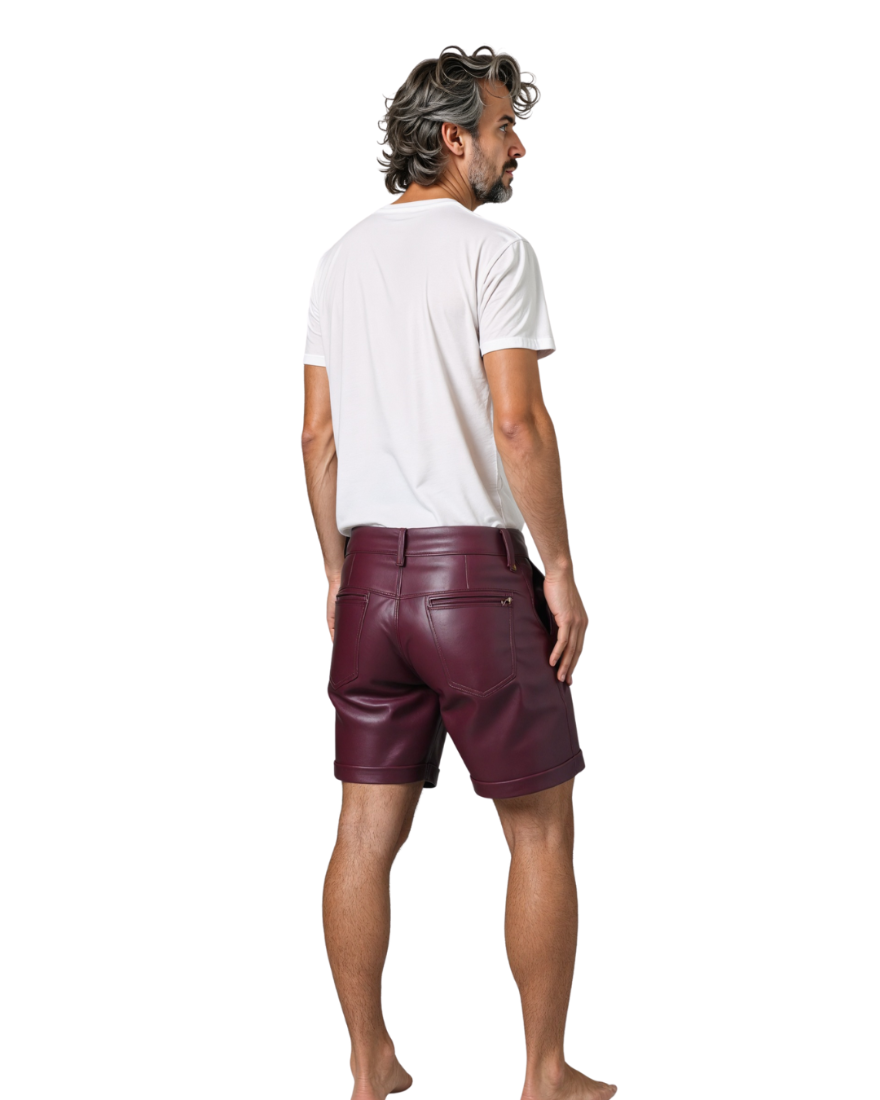 Man wearing our burgundy leather shorts back view.
