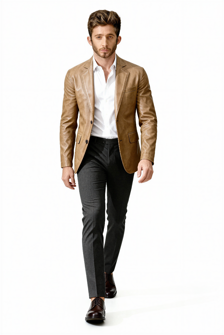 Man wearing a camel  leather blazer, white shirt, and dark pants on a white background