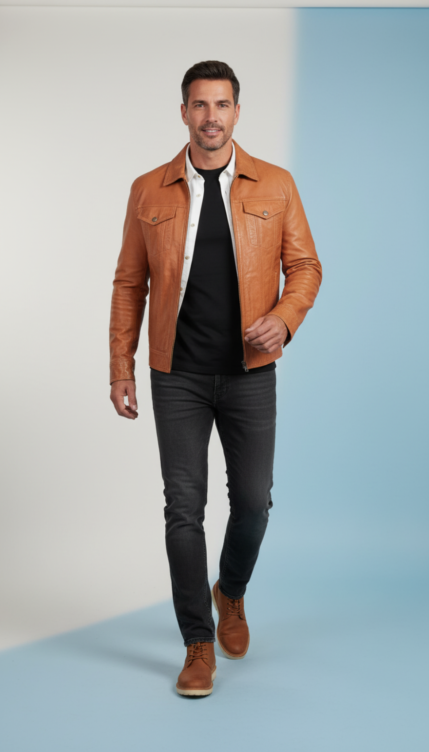 Man wearing our Men&#39;s Caramel Brown Leather Shirt, black shirt, and jeans on a light blue background