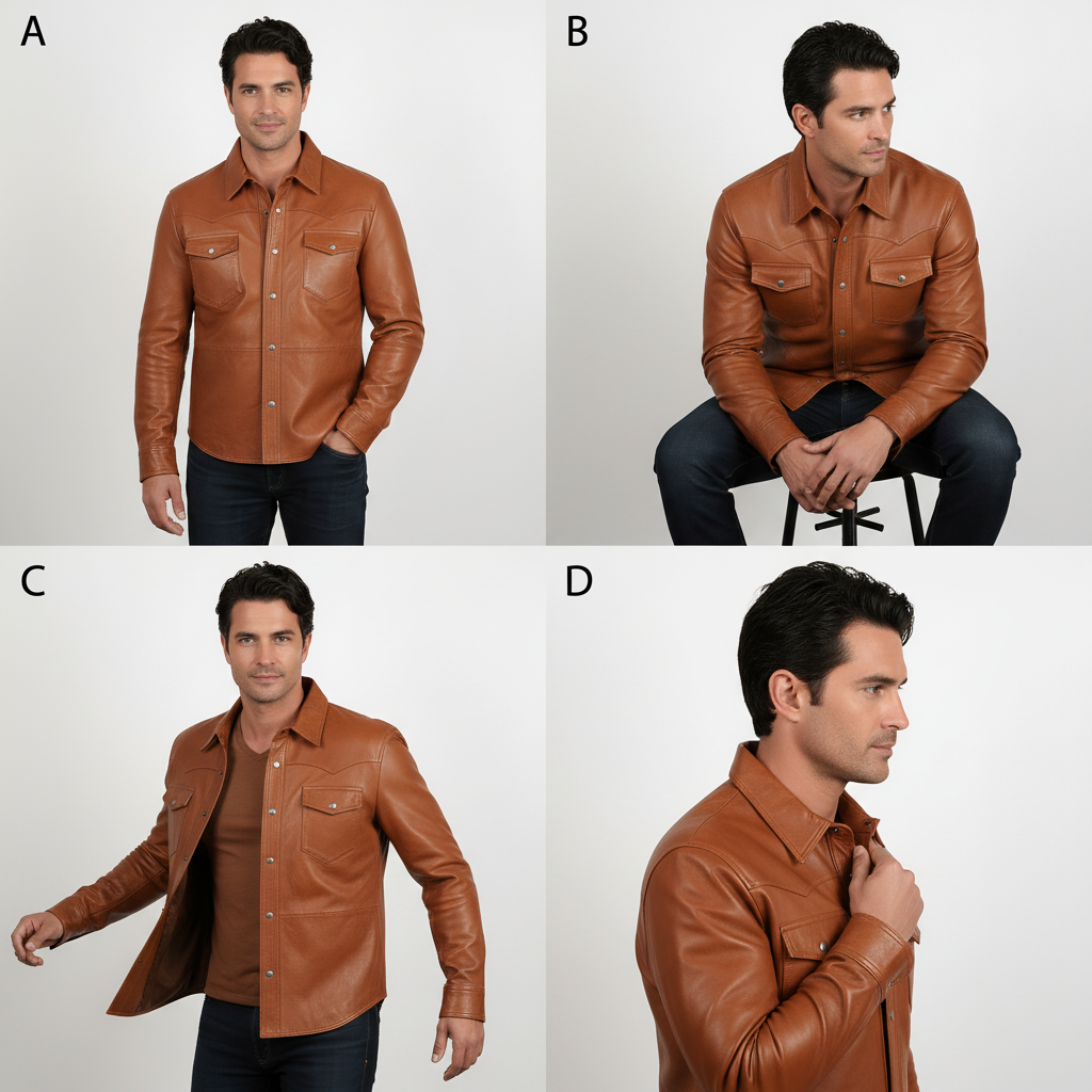 $ panel collage of a  man wearing our  Men&#39;s Caramel Brown Leather Shirt and jeans on a white background