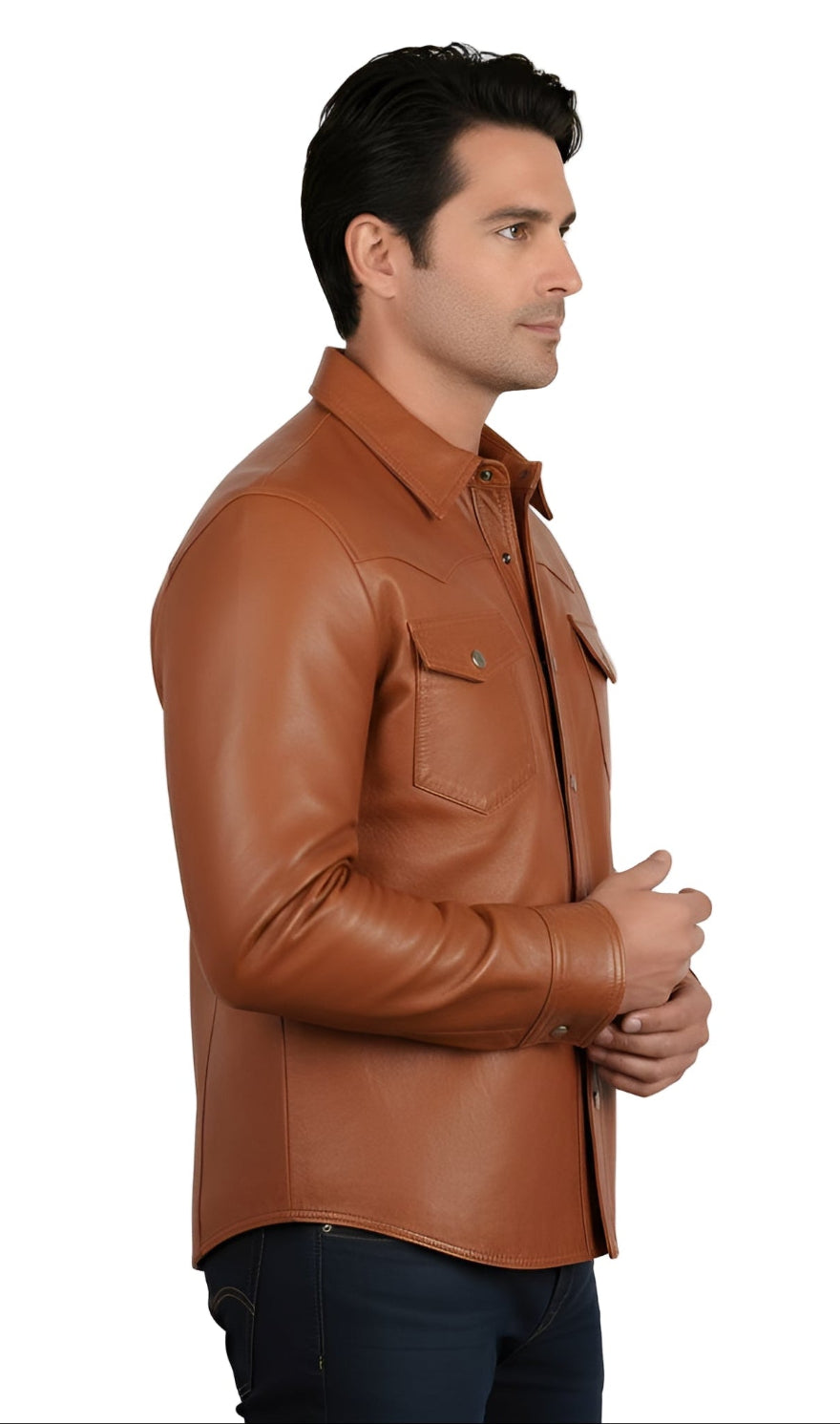 Picture of our Men&#39;s Caramel Brown Leather Shirt , side view, worn by a person on a white background