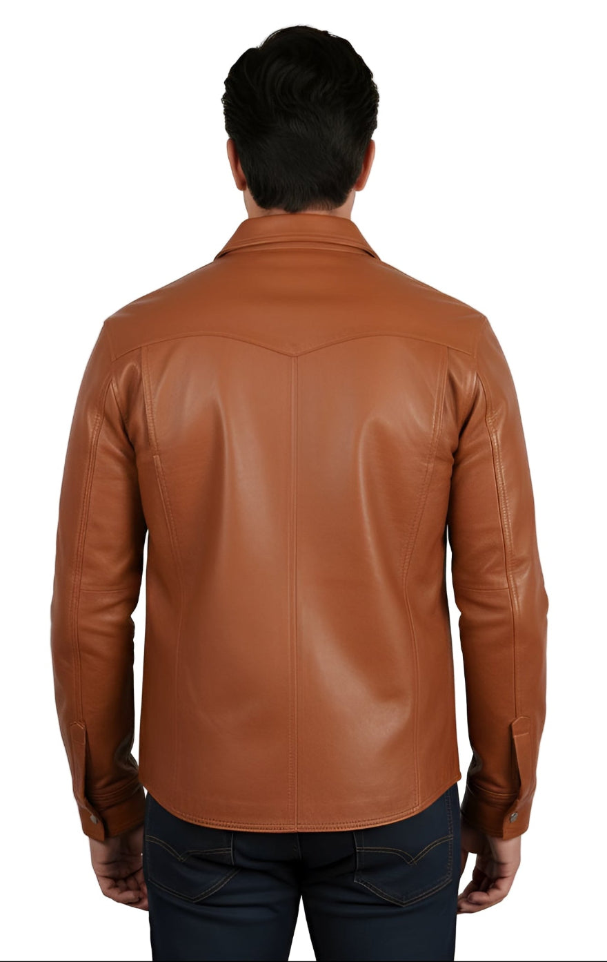 Picture of our Men&#39;s Caramel Brown Leather Shirt , back view, worn by a person on a white background