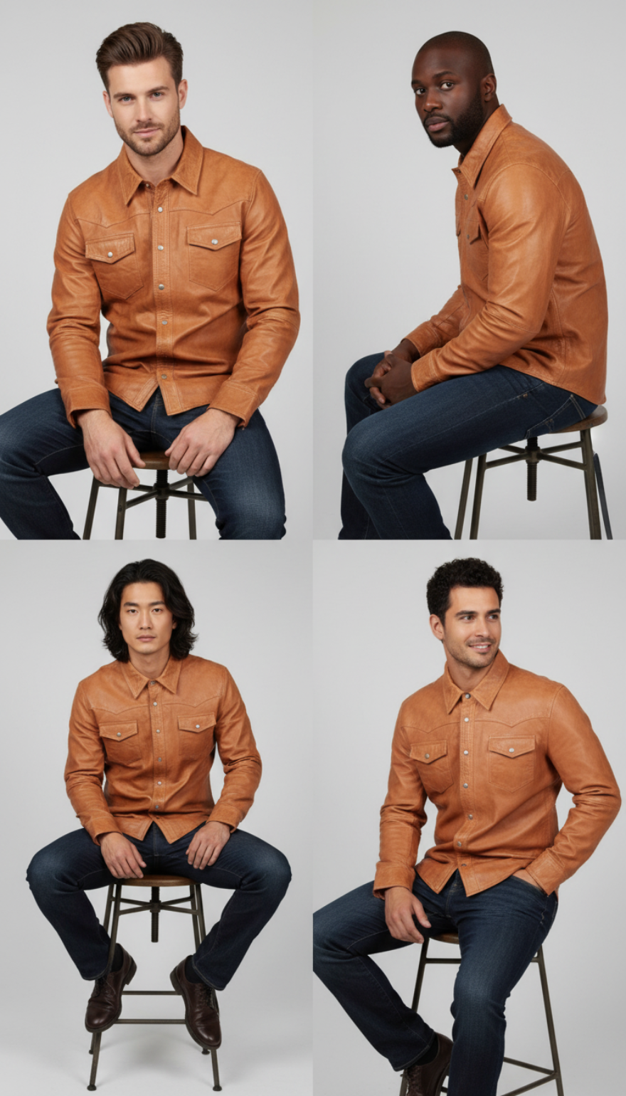 Four different men wearing our  Men&#39;s Caramel Brown Leather Shirt and jeans on a white background