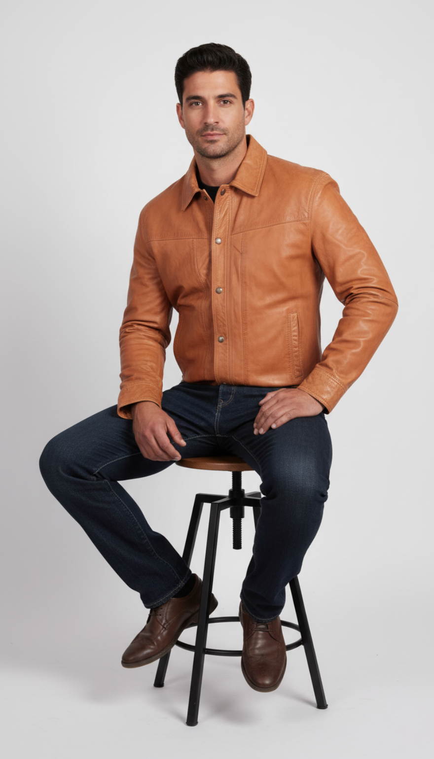 Man wearing our Men&#39;s Caramel Brown Leather Shirt and jeans sitting on a stool against a white background