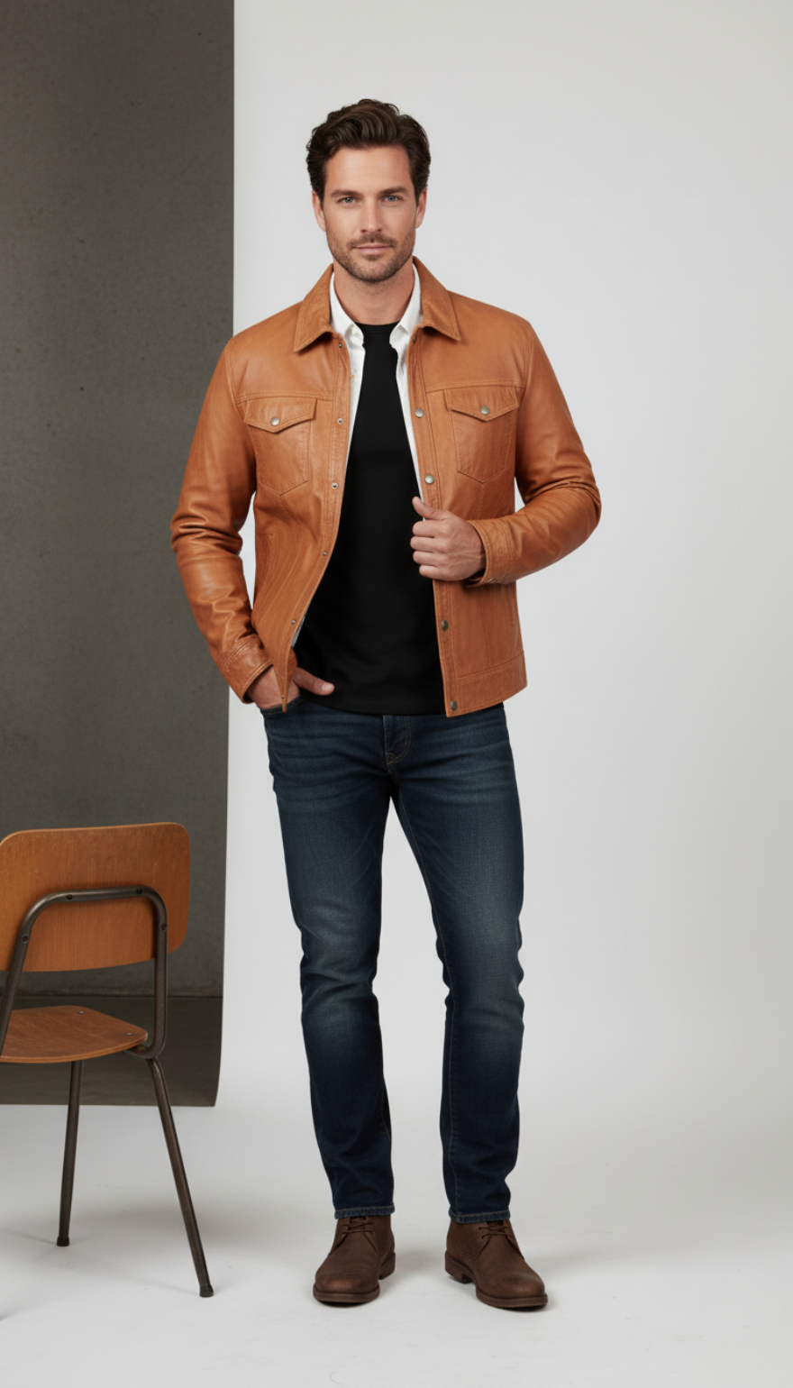 Man wearing our Men&#39;s Caramel Brown Leather Shirt and dark jeans standing against a white background