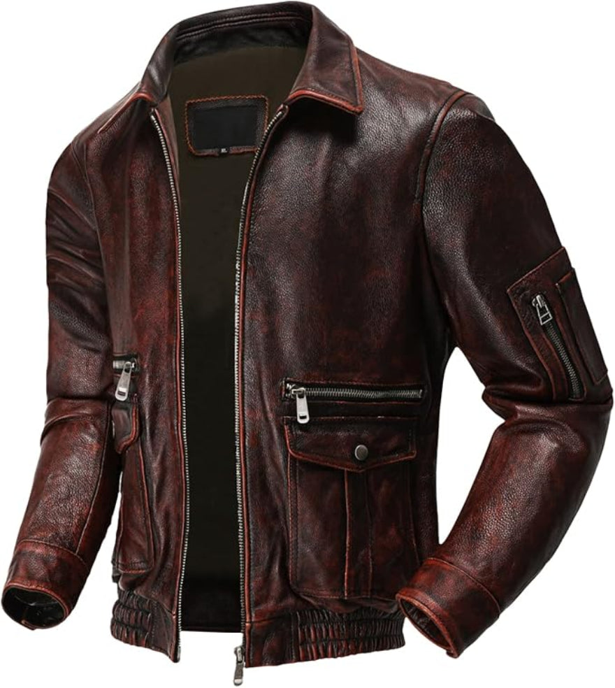 Picture of our Men&#39;s Dark Brown Leather Bomber Jack side view.