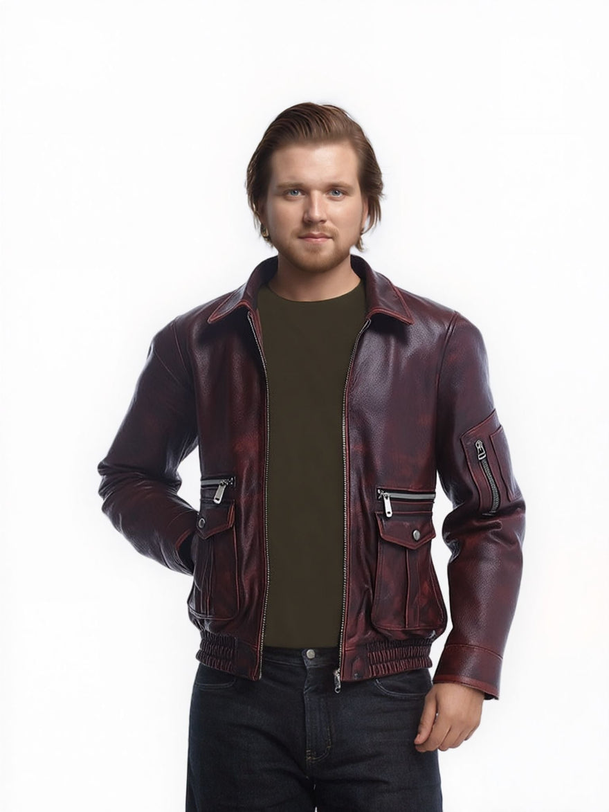 Picture of our Men&#39;s Dark Brown Leather Bomber Jack on a model, front view