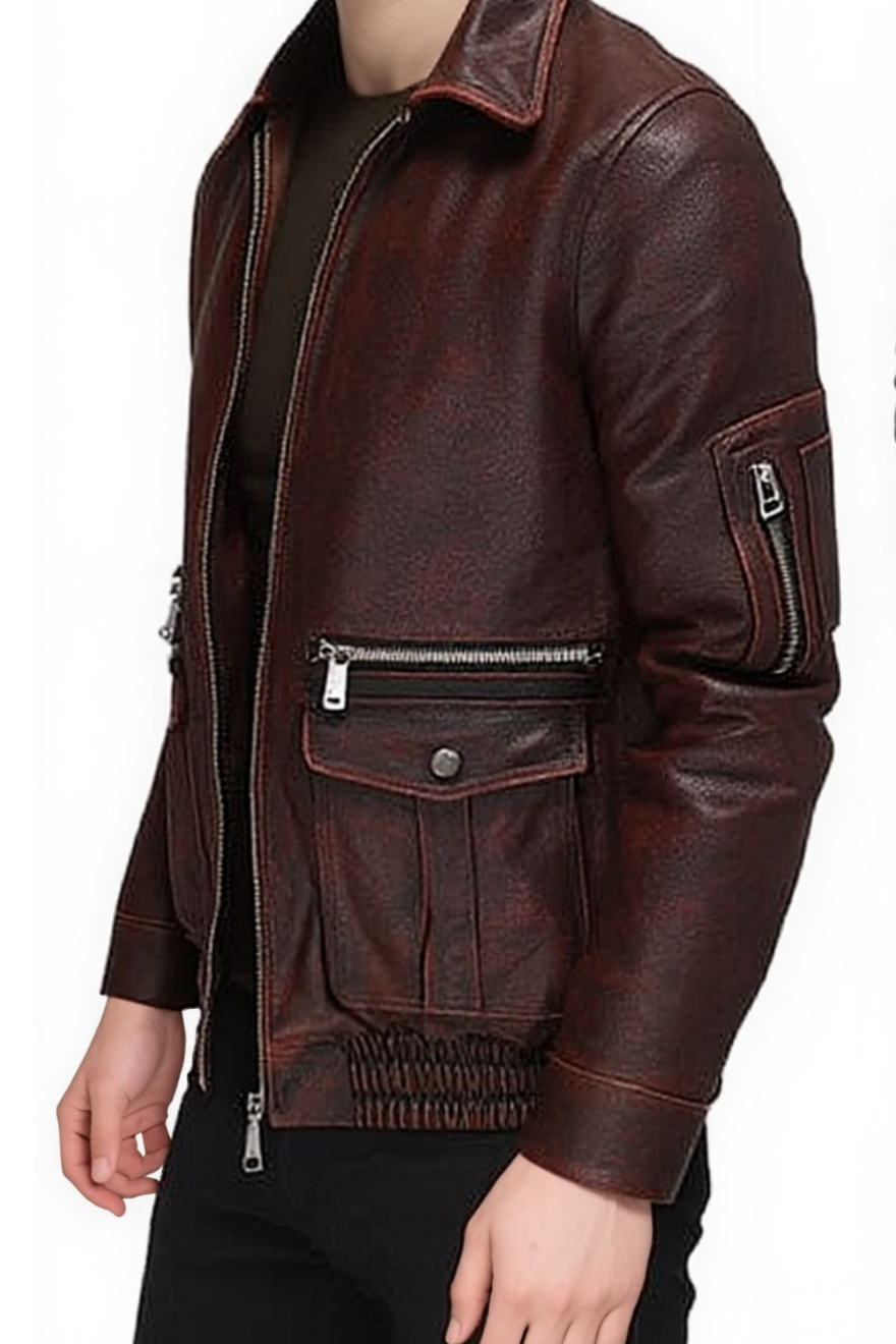 Picture of our Men&#39;s Dark Brown Leather Bomber Jack on a model, side  view