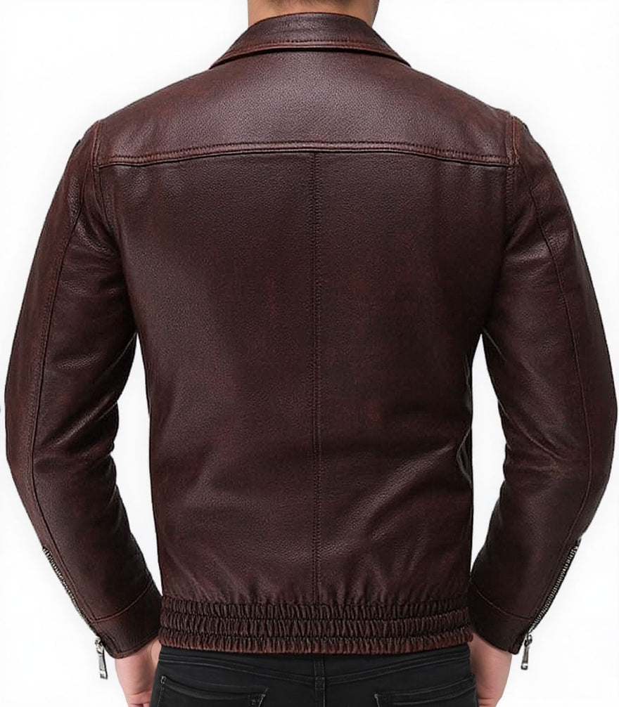 Picture of our Men&#39;s Dark Brown Leather Bomber Jack on a model, back view