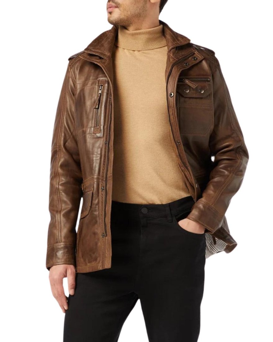 Picture of a model wearing our men&#39;s leather field jacket front view with zipper open