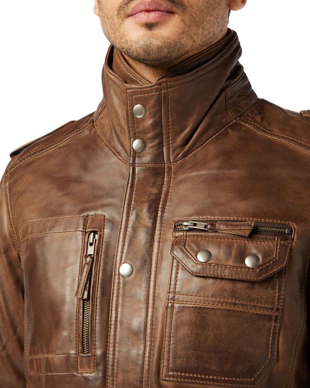 Picture of a model wearing our men&#39;s leather field jacket, close up view of the collar and pockets