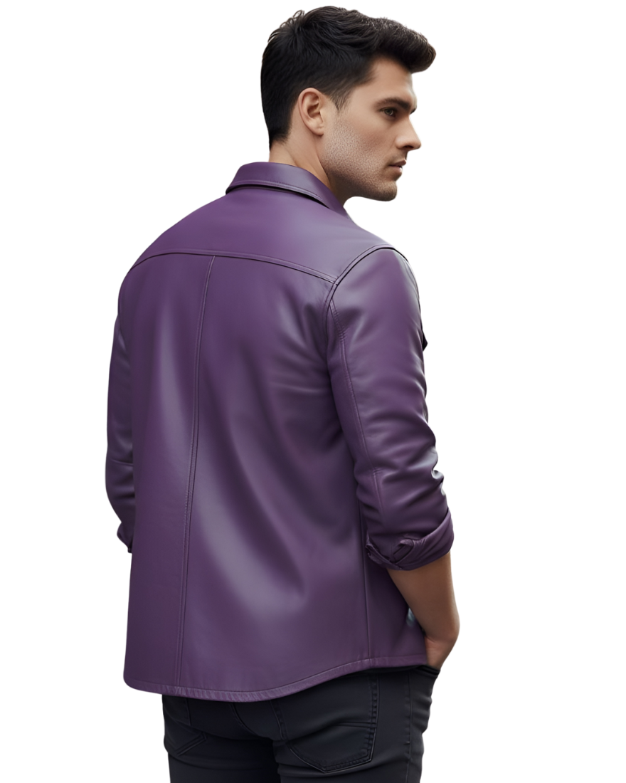 Man wearing our Men's Purple Leather Shirt on a white background, back view.