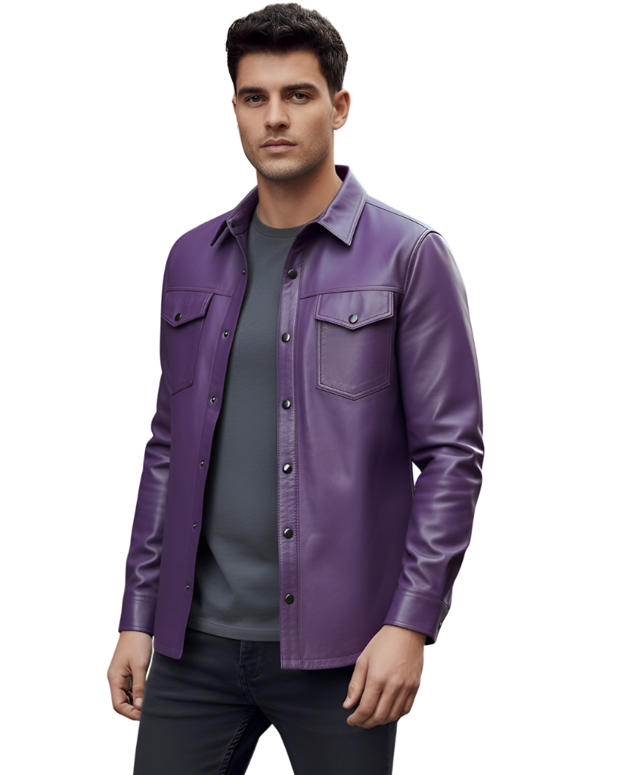 Man wearing our Men's Purple Leather Shirt on a white background, front view.