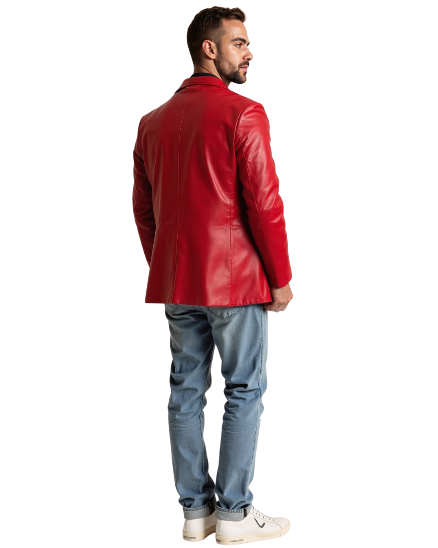 Picture of a model wearing our Men&#39;s Red Leather Blazer with jeans &amp; sneakers, back view.