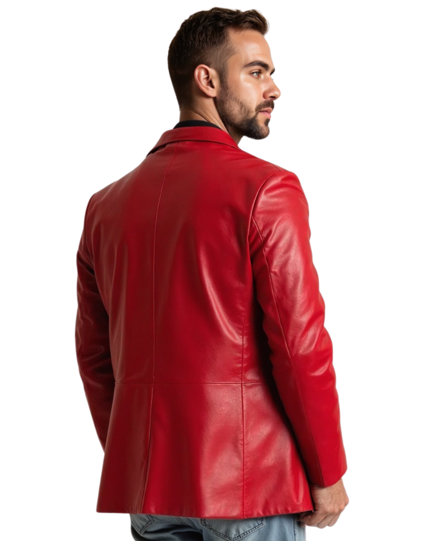 Picture of a model wearing our Men&#39;s Red Leather Blazer, back view.