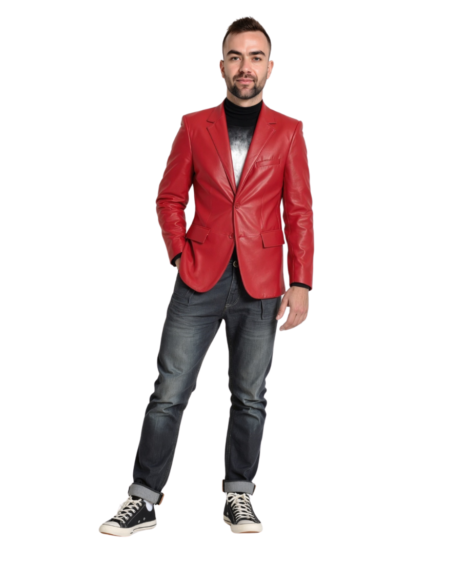 Picture of a model wearing our Men&#39;s Red Leather Blazer with jeans &amp; sneakers, front view.