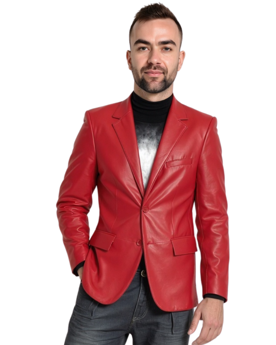 Picture of a model wearing our Men&#39;s Red Leather Blazer, front view.