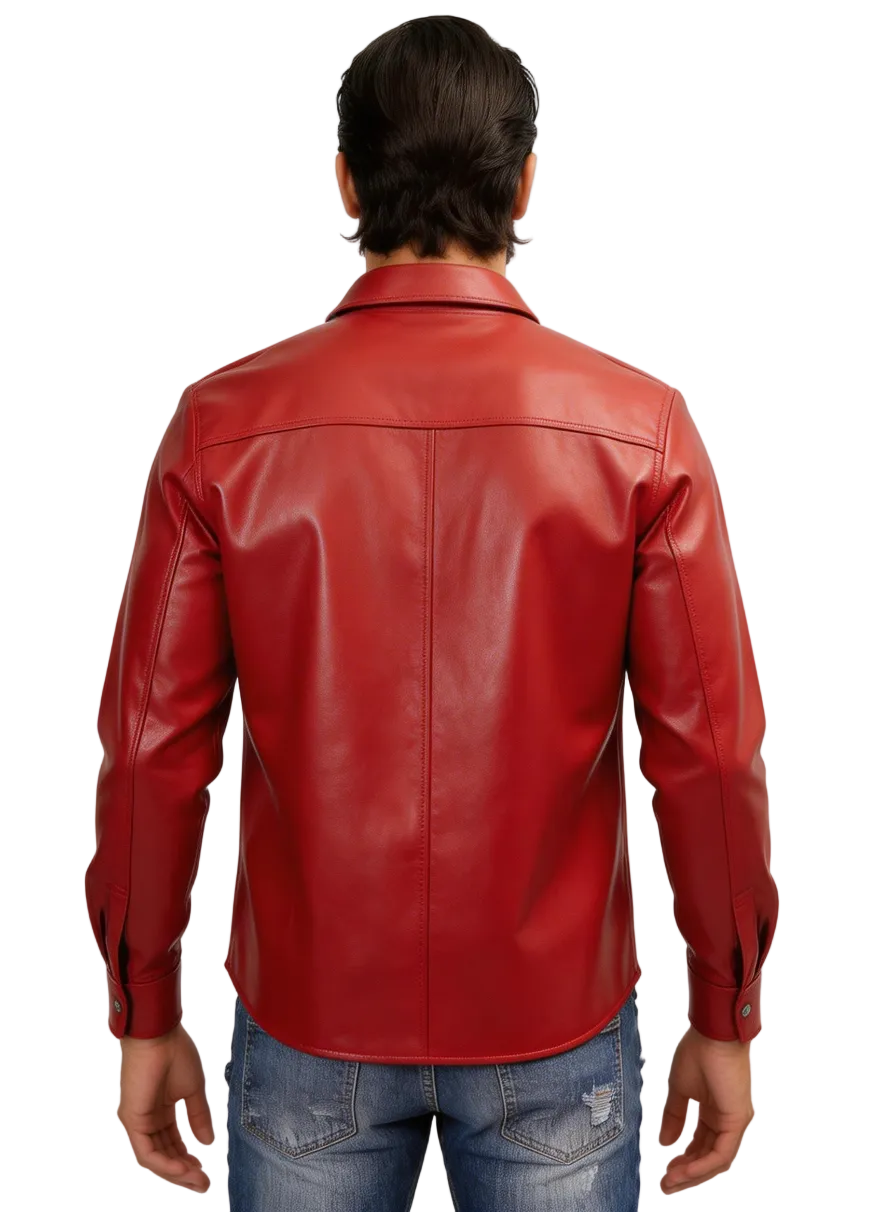 Picture of a model wearing our men's red leather shirt, back view.