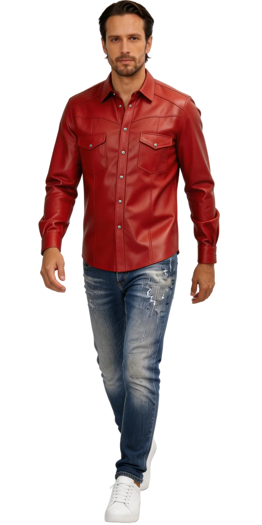 Picture of a model wearing our men's red leather shirt, front walking view.