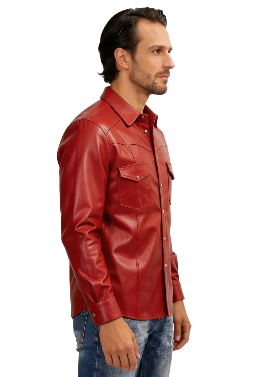Picture of a model wearing our men's red leather shirt, side view.