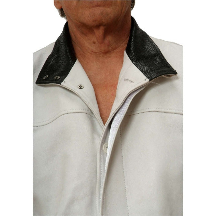 Picture of a model wearing our Mandarin Collar Leather Jacket in white with black embossed snakeskin pattern on cuff &amp; collar, close up view of black snakeskin collar contrasted against the white leather jacket.
