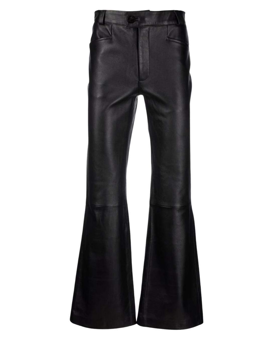 Picture of our Mens Black Flared Leather Pants, Front view.