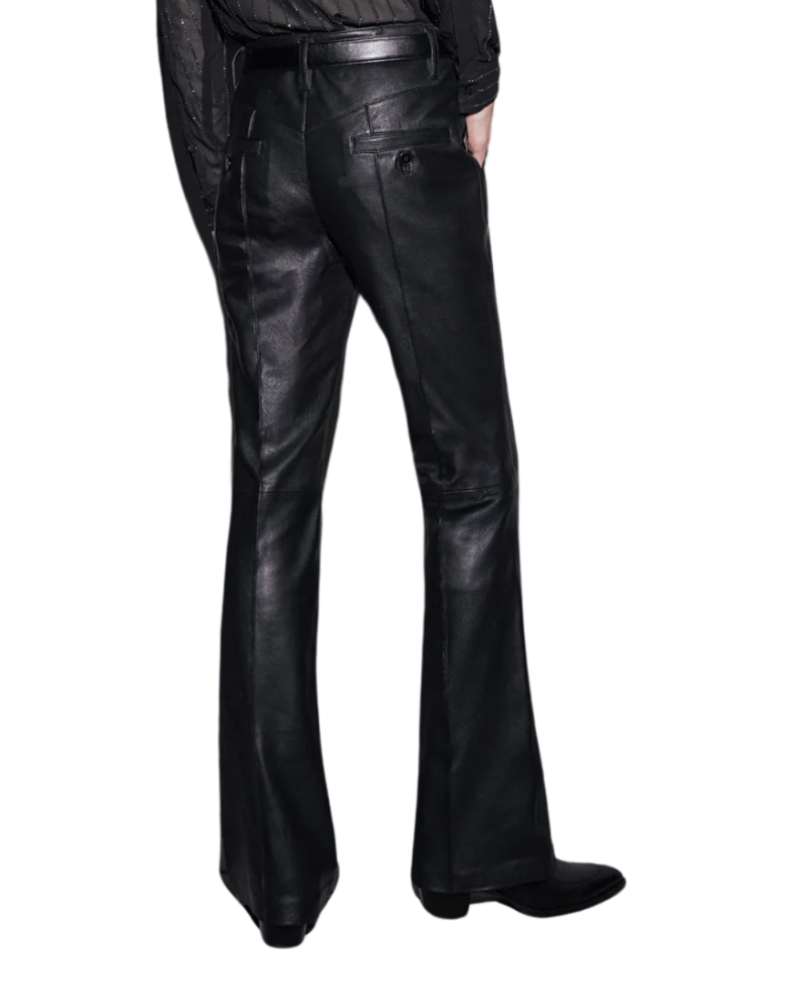 Picture of a model wearing our Mens Black Flared Leather Pants, back view.