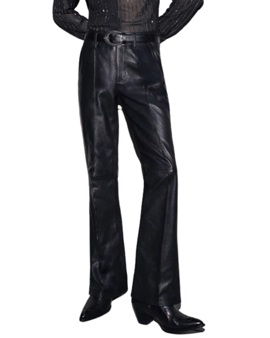 Picture of a model wearing our Mens Black Flared Leather Pants, Front view.