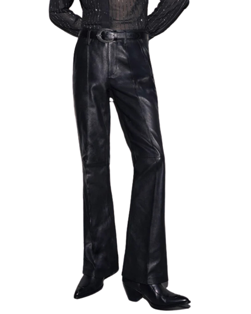 Mens Black Flared Leather Pants Inspired by Kendrick Lamar, Super Mens Black Flared Leather Pants Inspired by Kendrick Lamar, Super