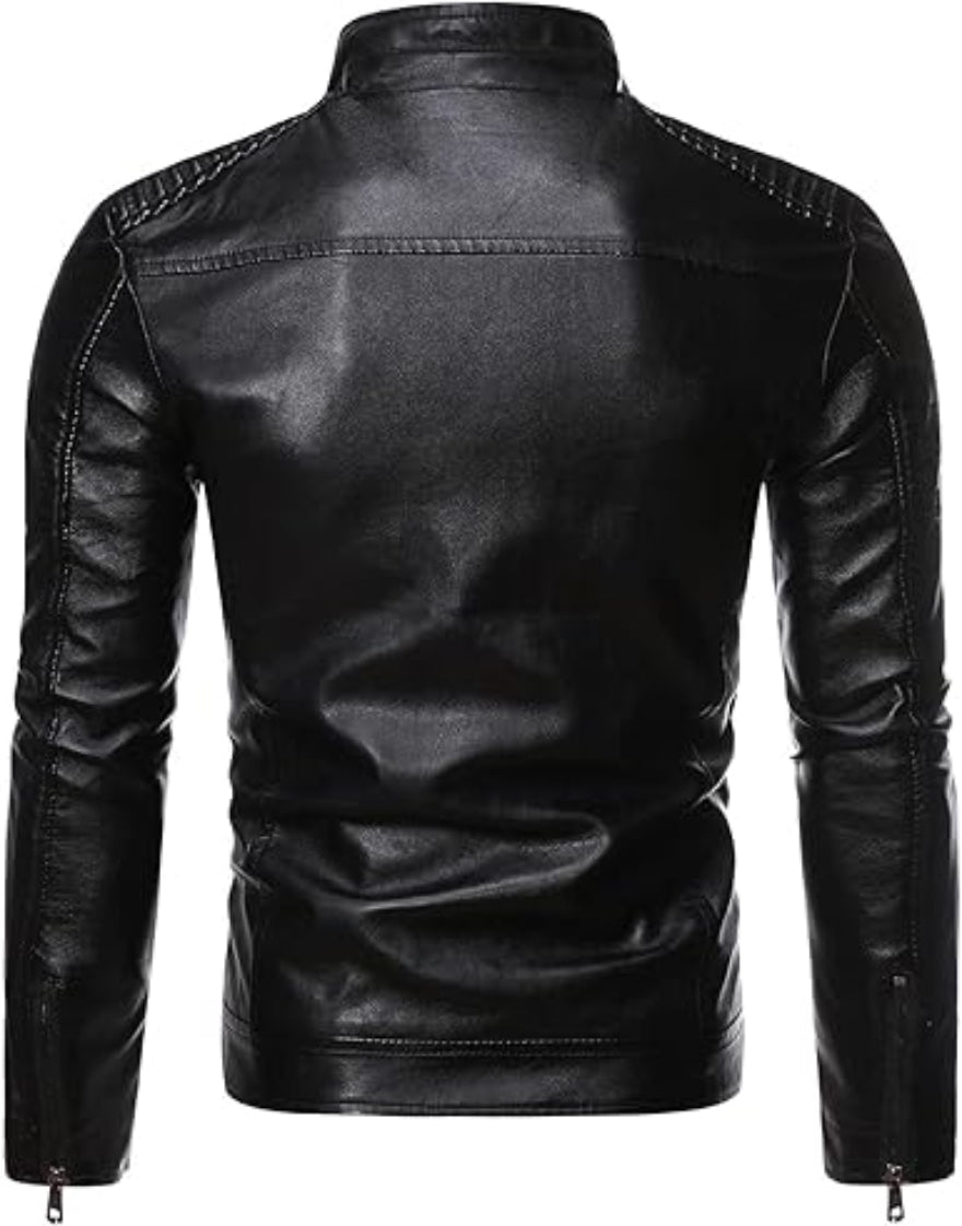 A black leather cafe racer jacket with a standing collar, zippered front, and ribbed shoulders, back view.