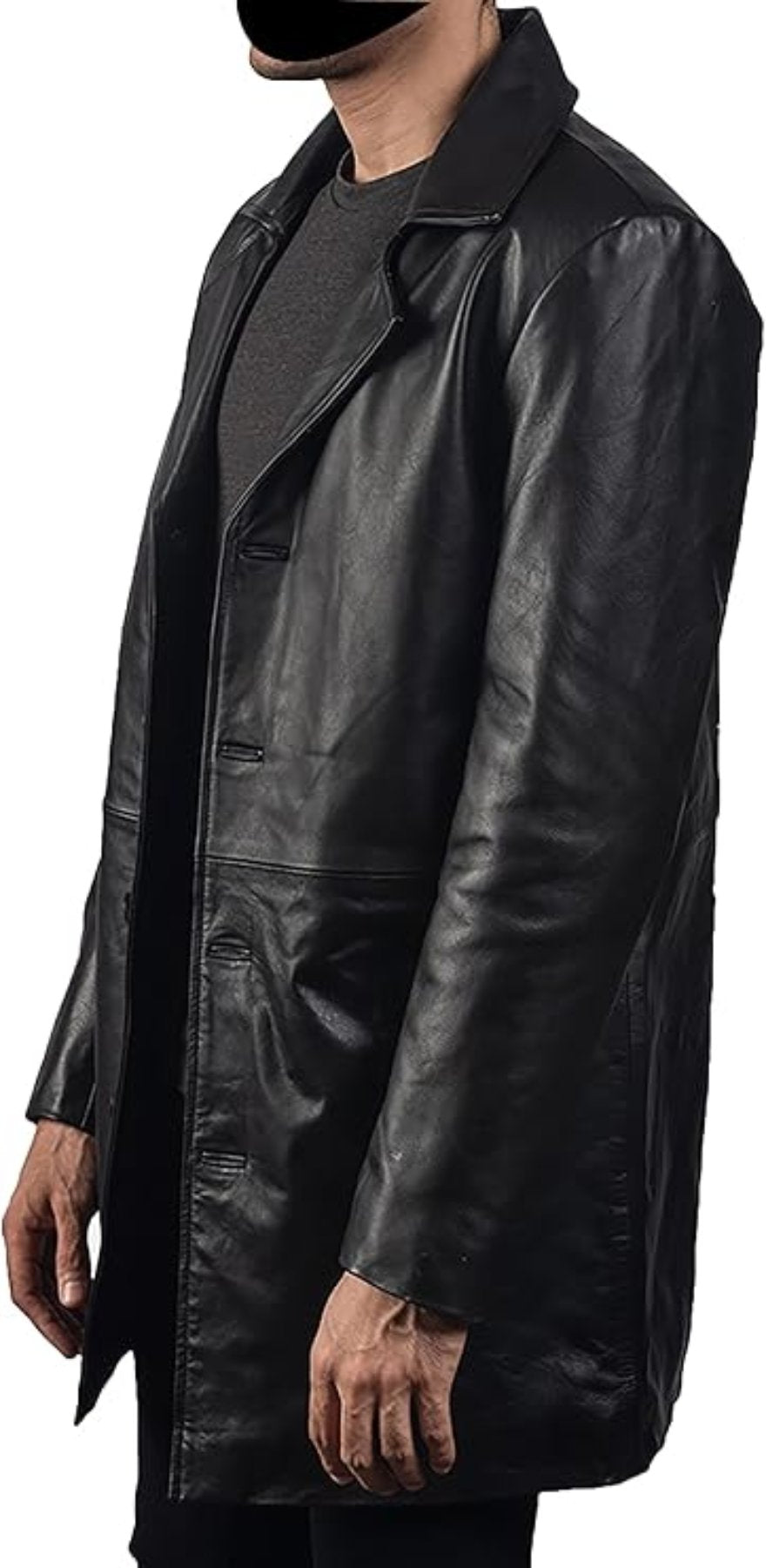 Picture of a model wearing our Mens Black  Leather Trench Coat, side view.