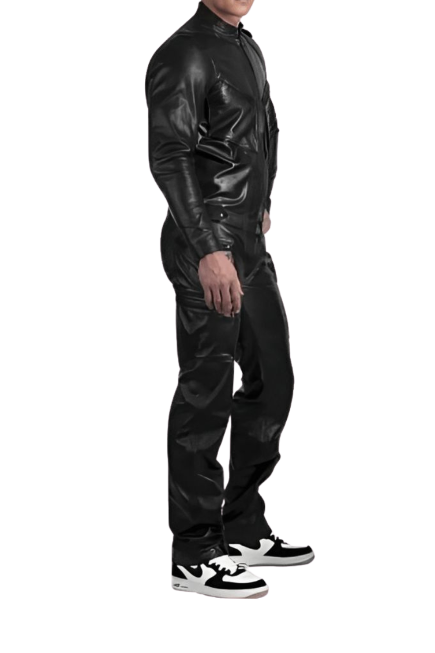 Picture of our Mens Black Leather Jumpsuit, side view.