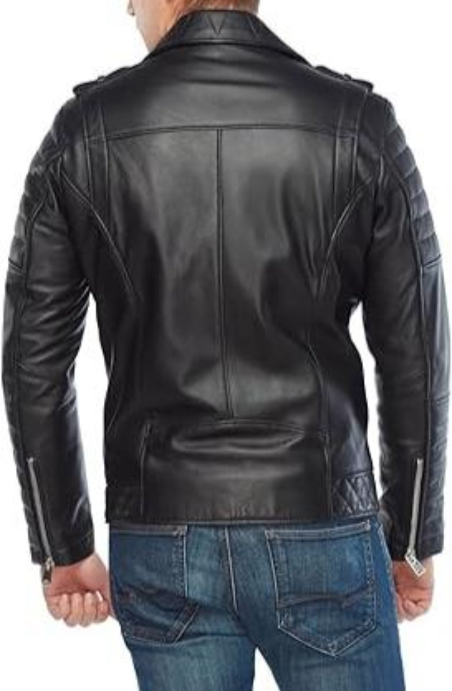 Picture of a model wearing our Black Leather Moto Jacket, back view.