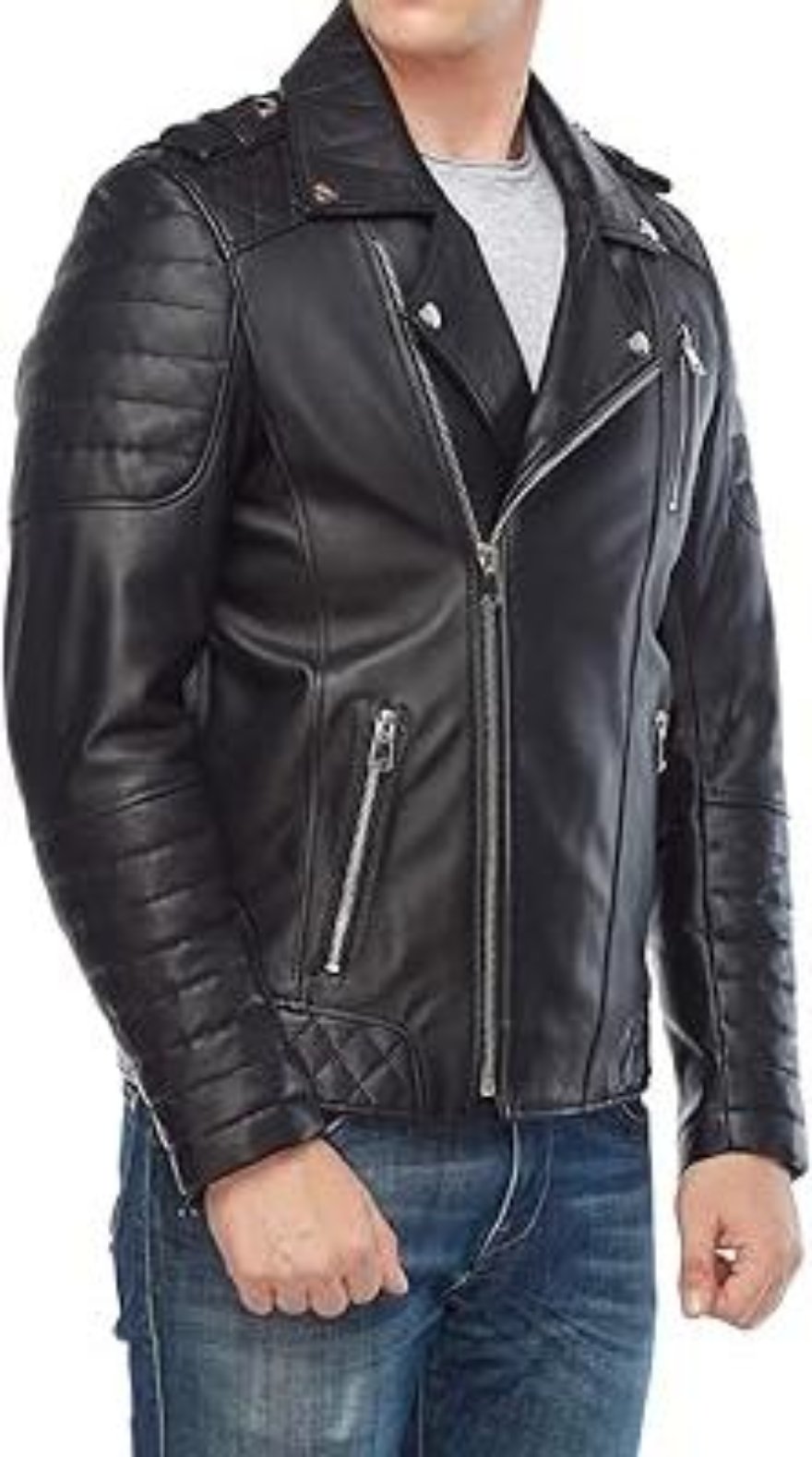 Picture of a model wearing our Mens Black Moto Jacket, front view with zipper closed.