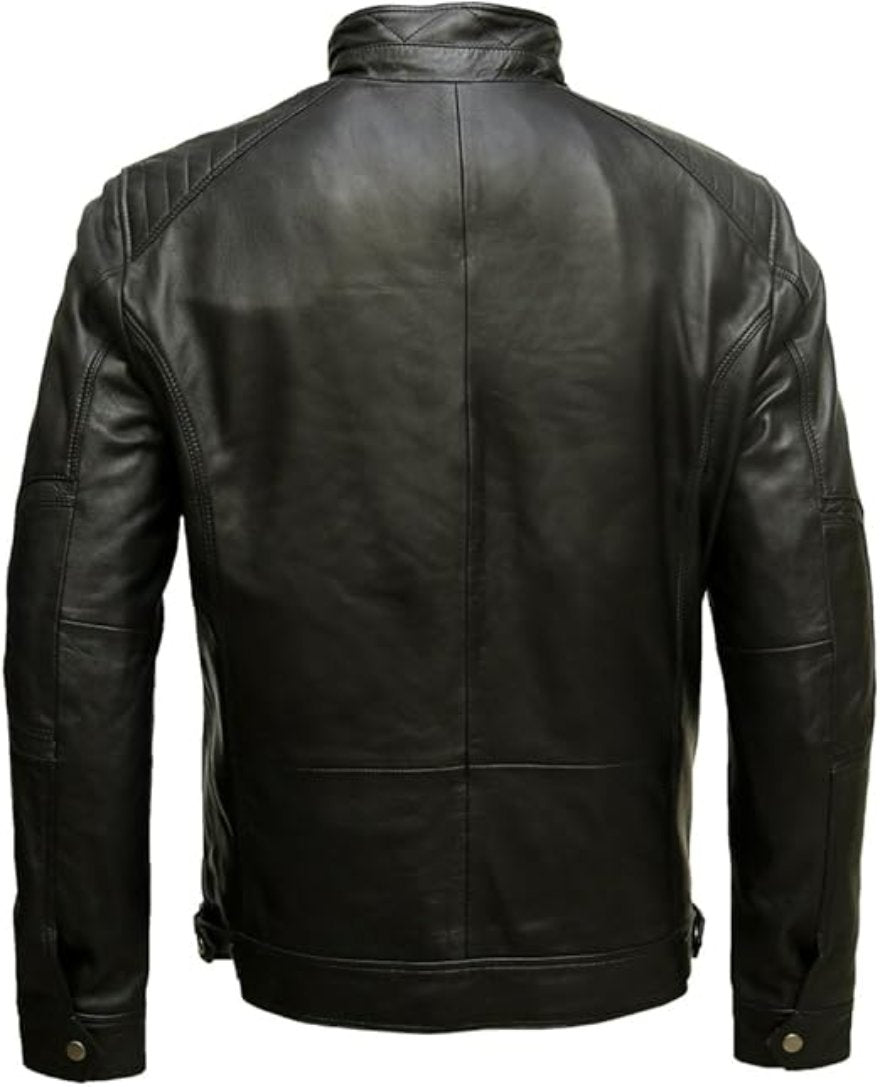 Picture of  our Black Leather Motor Jacket on a mannequin, back view.