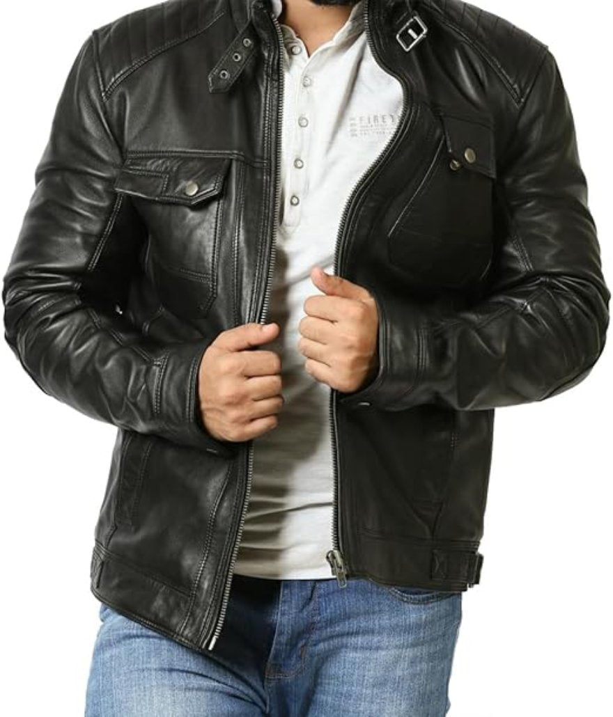 Picture of a model wearing our Black Leather Motorcycle Jacket, front view, with zipper open.