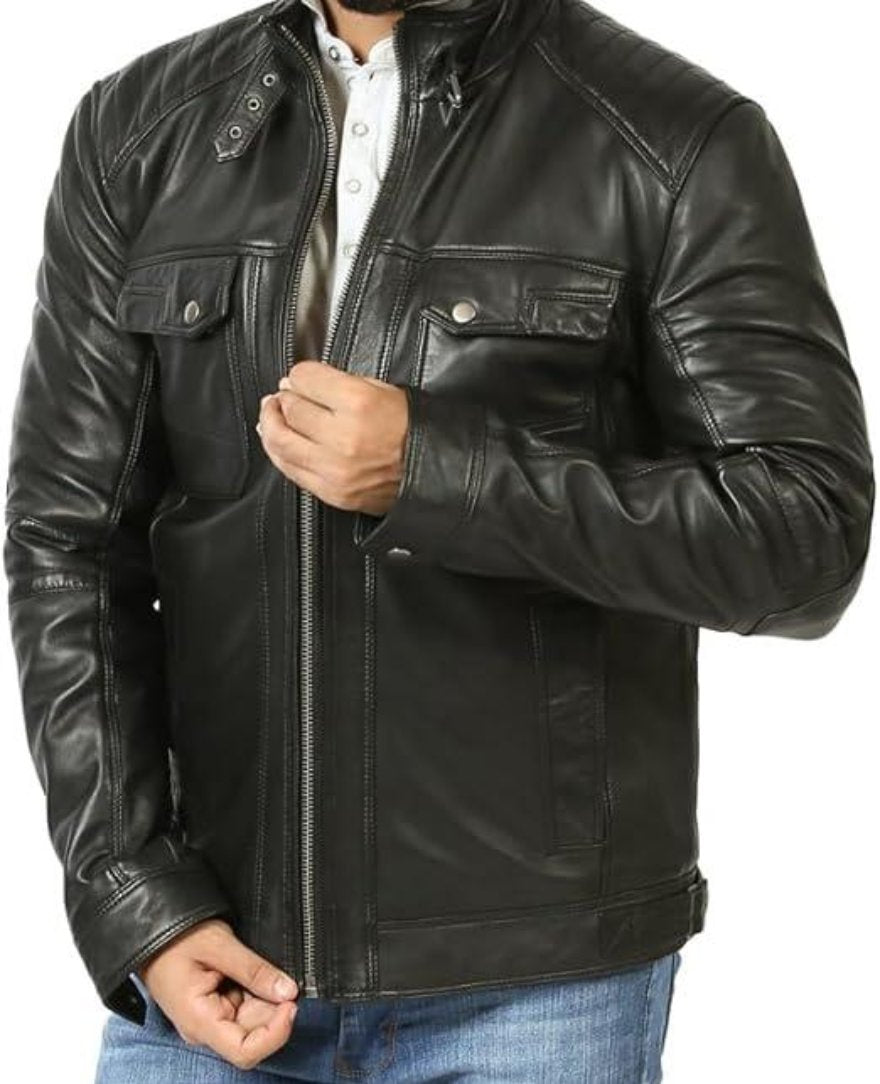 Picture of a model wearing our Black Leather Motorcycle Jacket, front view.