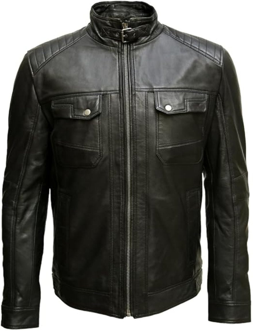 Picture of  our Mens Black Leather Motor Jacket on a mannequin, front view.