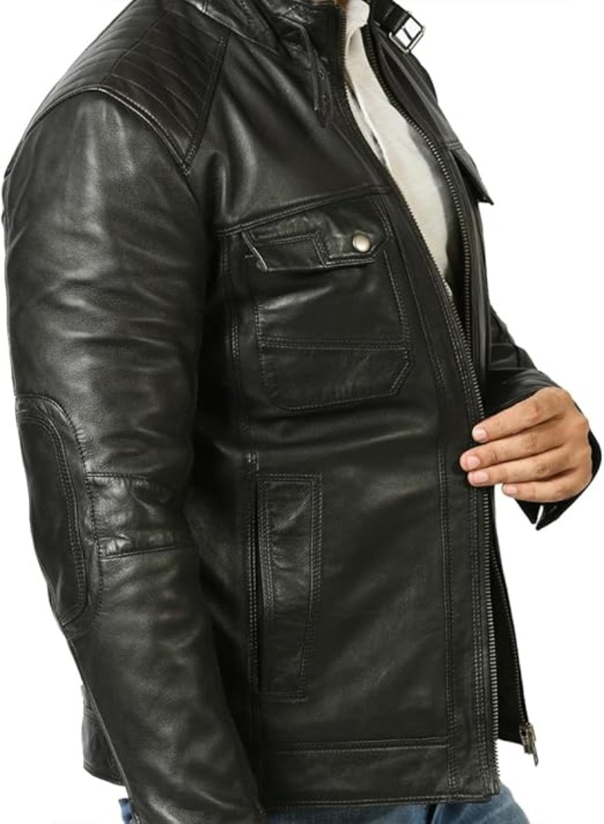 picture of a model wearing our Black Leather Motorcycle Jacket, side view.