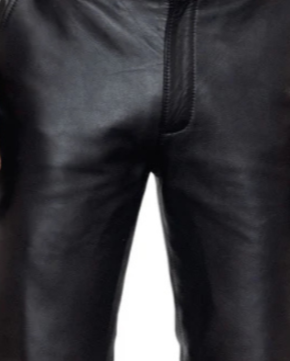 Picture of our black leather pants on a model, front close up view.