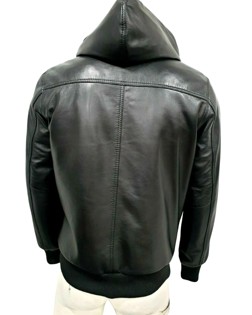 Picture of our Mens Black Leather Shirt Jacket on a mannequin, back view.