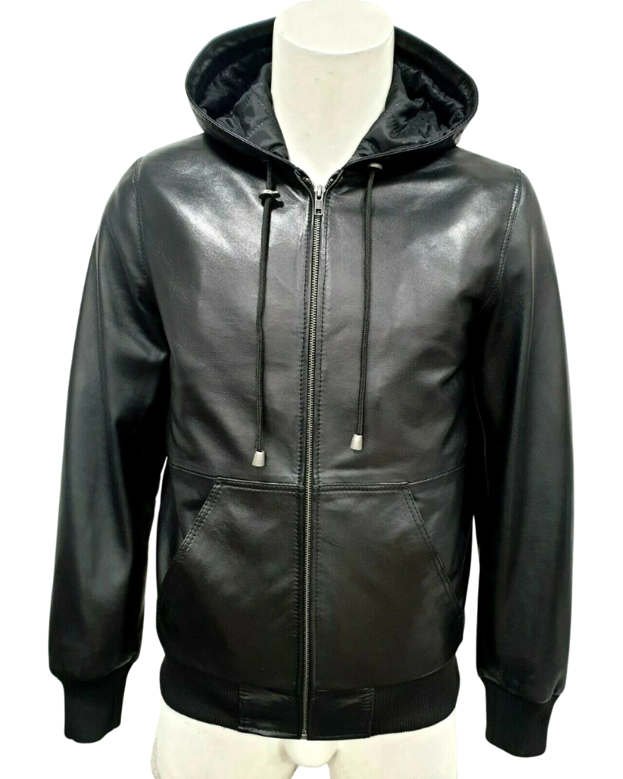 Picture of our Mens Black Leather Shirt Jacket on a mannequin, front view.