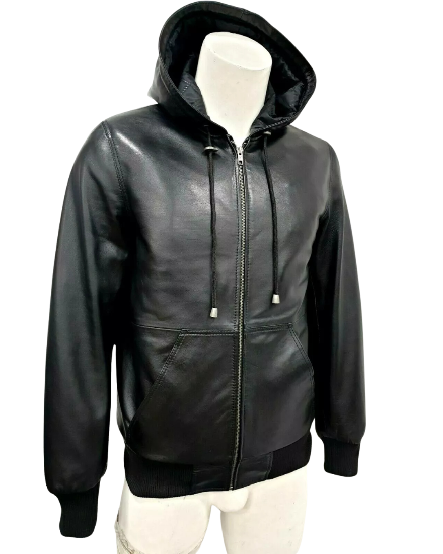 Picture of our Mens Black Leather Shirt Jacket on a mannequin, side view.