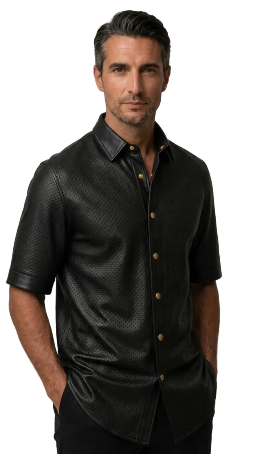 Man wearing our black perforated leather shirt with gold buttons on a white background.