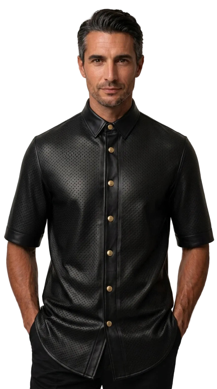 Man wearing our Mens Black Perforated Leather Shirt handcrafted from premium Nappa sheepskin leather with full perforated construction, on a white background