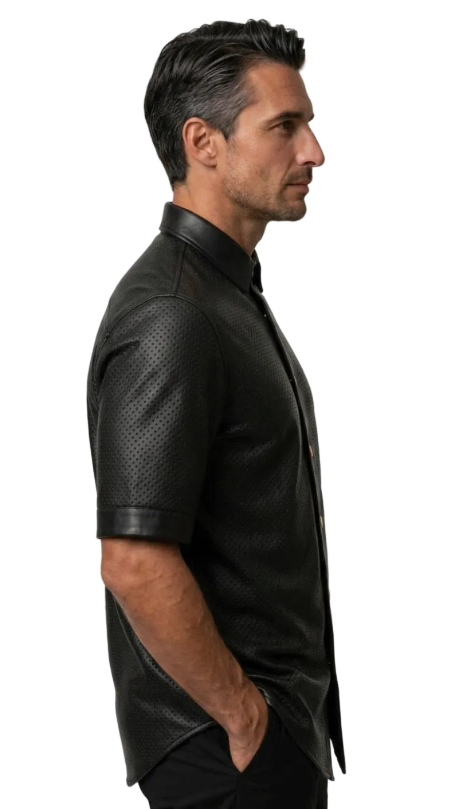 Side view of Mens Black Perforated Leather Shirt showing breathable perforated leather and tailored fit, against a white background